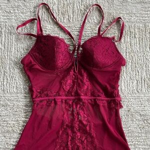 Lovehoney Wine Lace Chemise Large NWT Garter Straps Sheer Lingerie Bustier Style